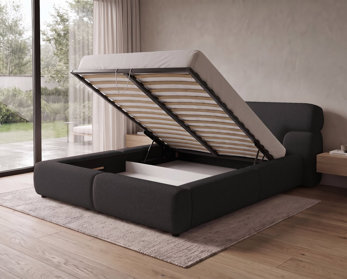 Lit coffre Luneo à tête de lit arrondie – Anthracite