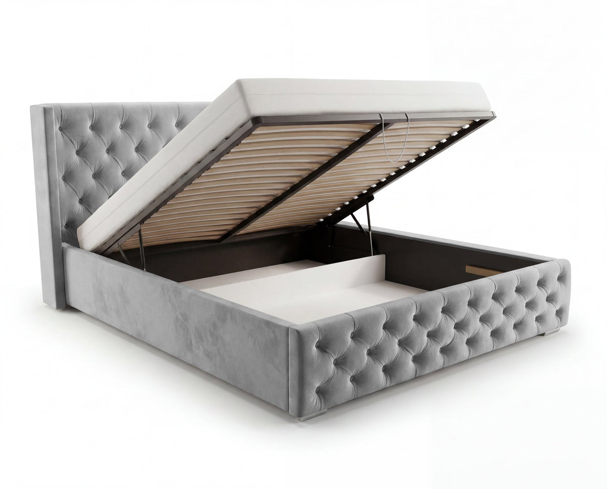 Lit coffre capitonné Chester à oreilles – Gris