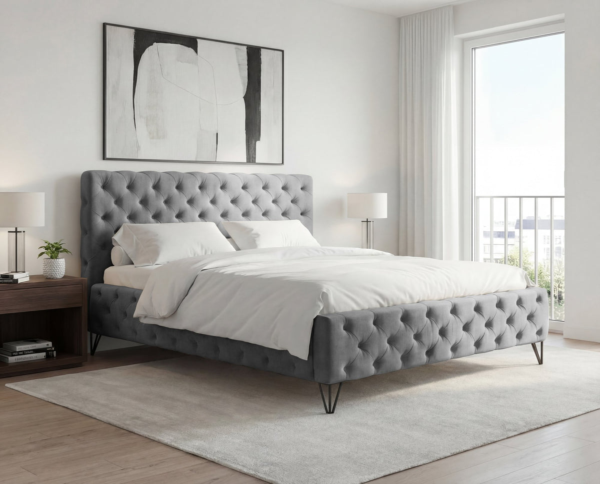 Lit capitonné Desire sur pieds en métal – Gris
