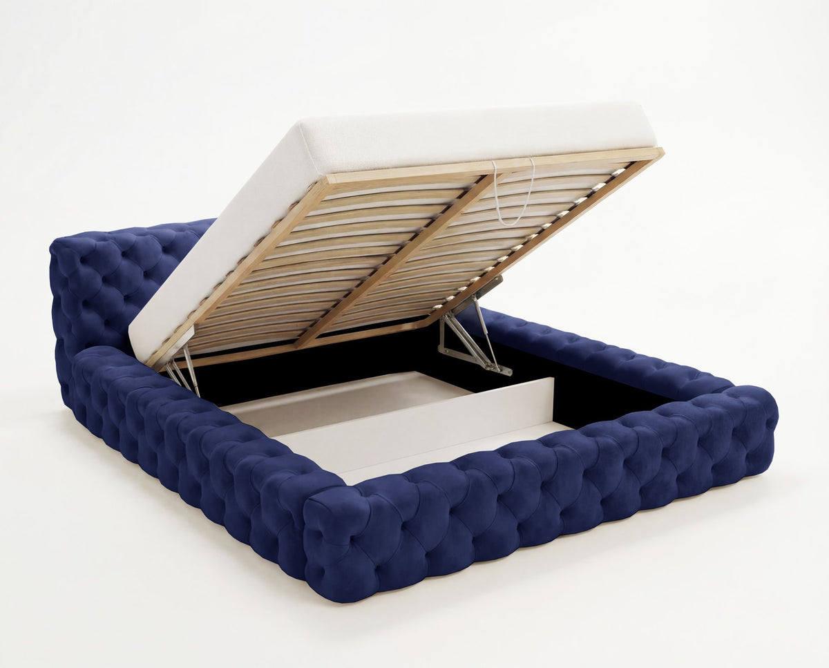 Lit coffre capitonné Winston en velours – Bleu nuit