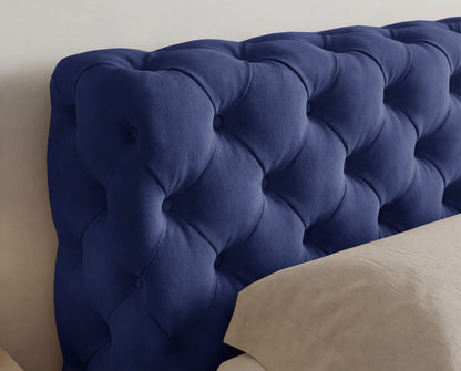 Lit coffre capitonné Winston en velours – Bleu nuit