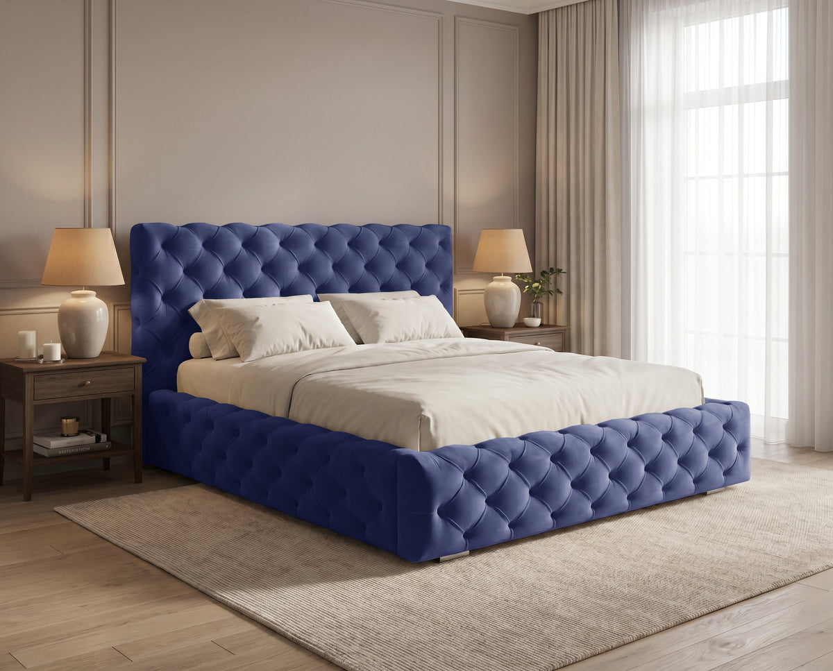 Lit coffre capitonné Victoria en velours – Bleu nuit
