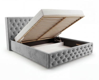 Lit coffre capitonné Chester à oreilles – Gris