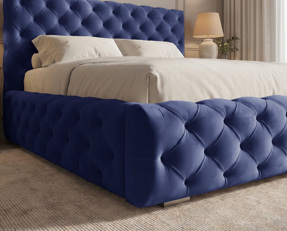 Lit coffre capitonné Victoria en velours – Bleu nuit