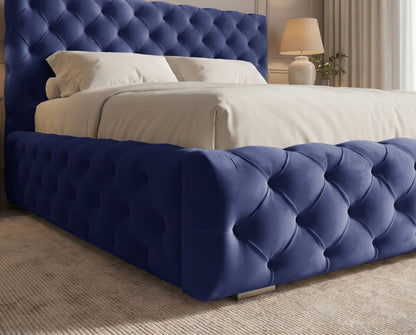 Lit coffre capitonné Victoria en velours – Bleu nuit
