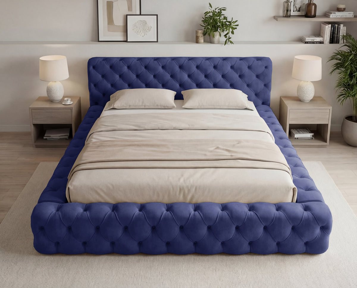 Lit coffre capitonné Winston en velours – Bleu nuit