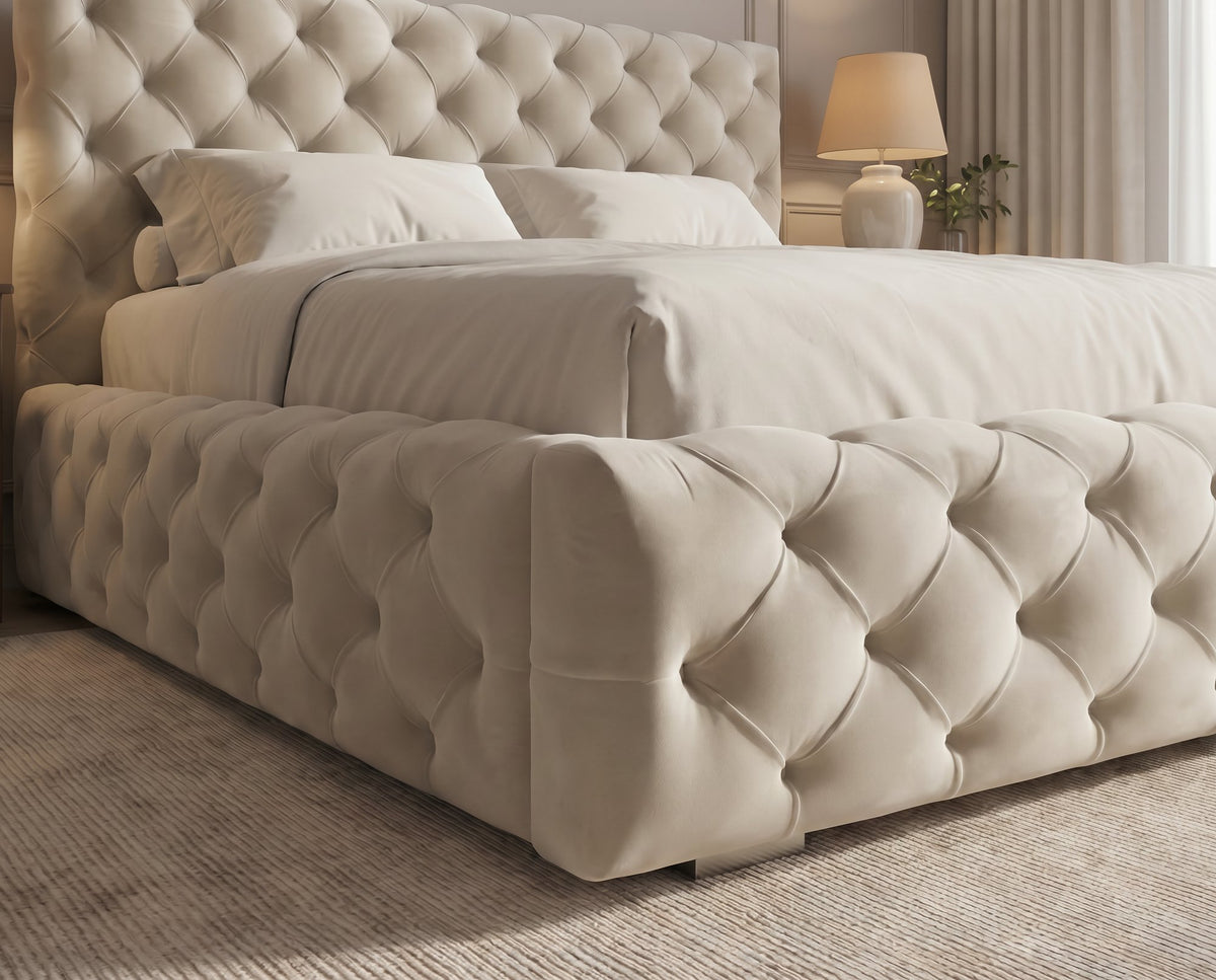 Lit coffre capitonné Victoria en velours – Crème