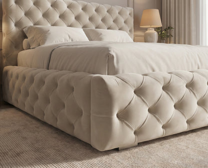 Lit coffre capitonné Victoria en velours – Crème