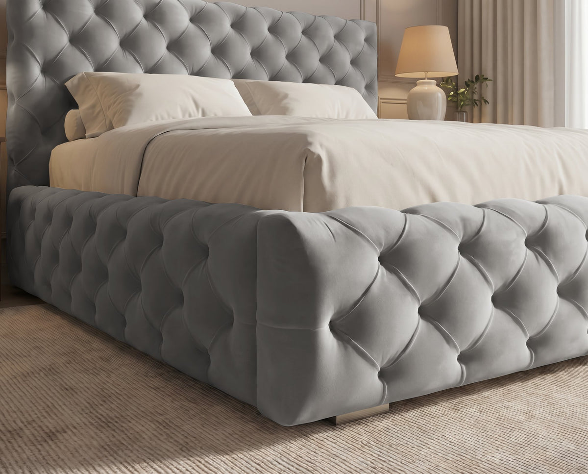 Lit coffre capitonné Victoria en velours – Gris