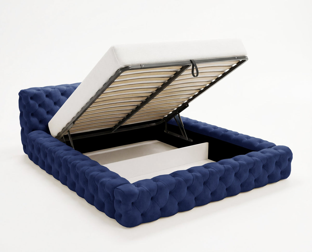 Lit coffre capitonné Winston en velours – Bleu nuit