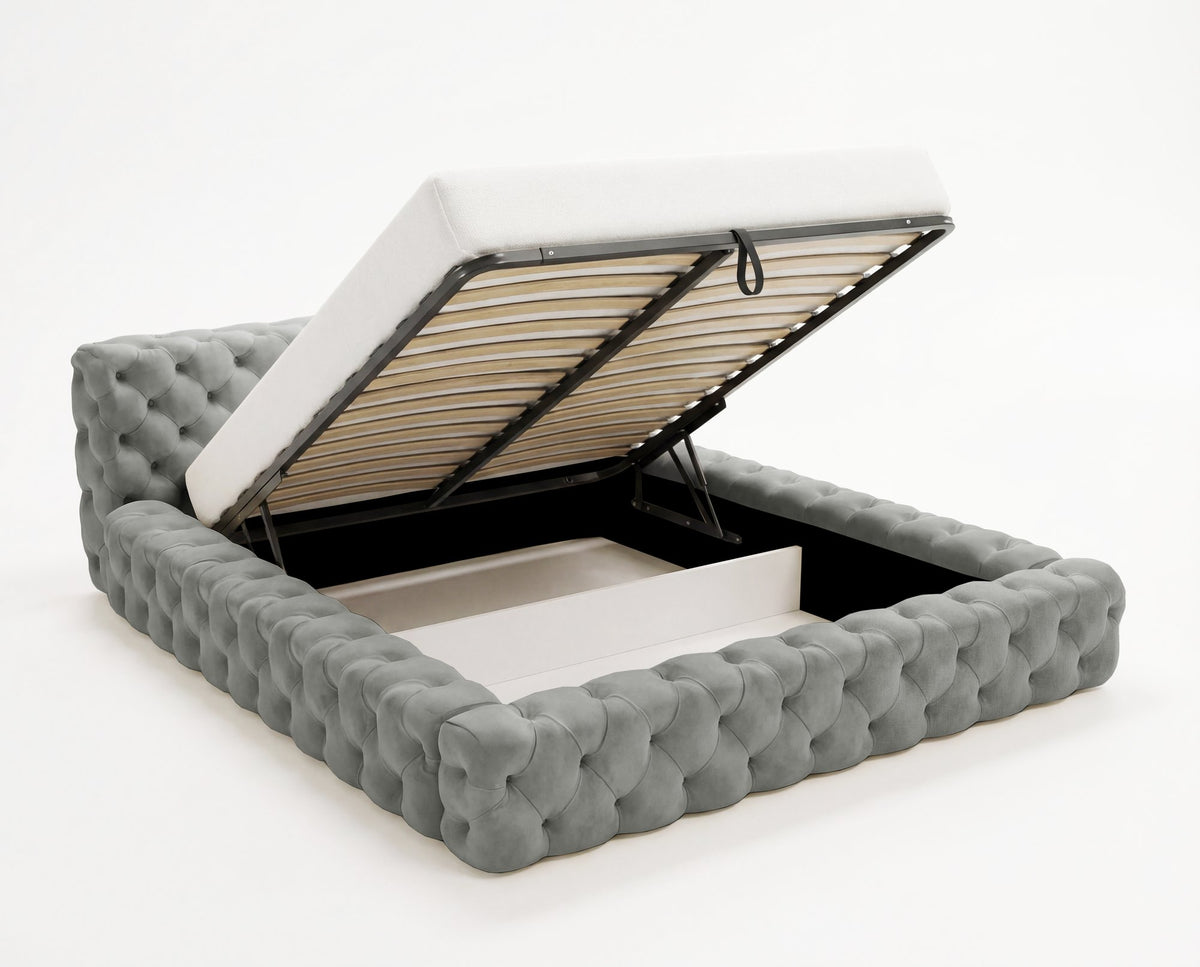 Lit coffre capitonné Winston en velours – Gris perle