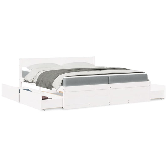 Lit coffre avec matelas à tiroirs – Blanc pin massif – 200 x 200 cm