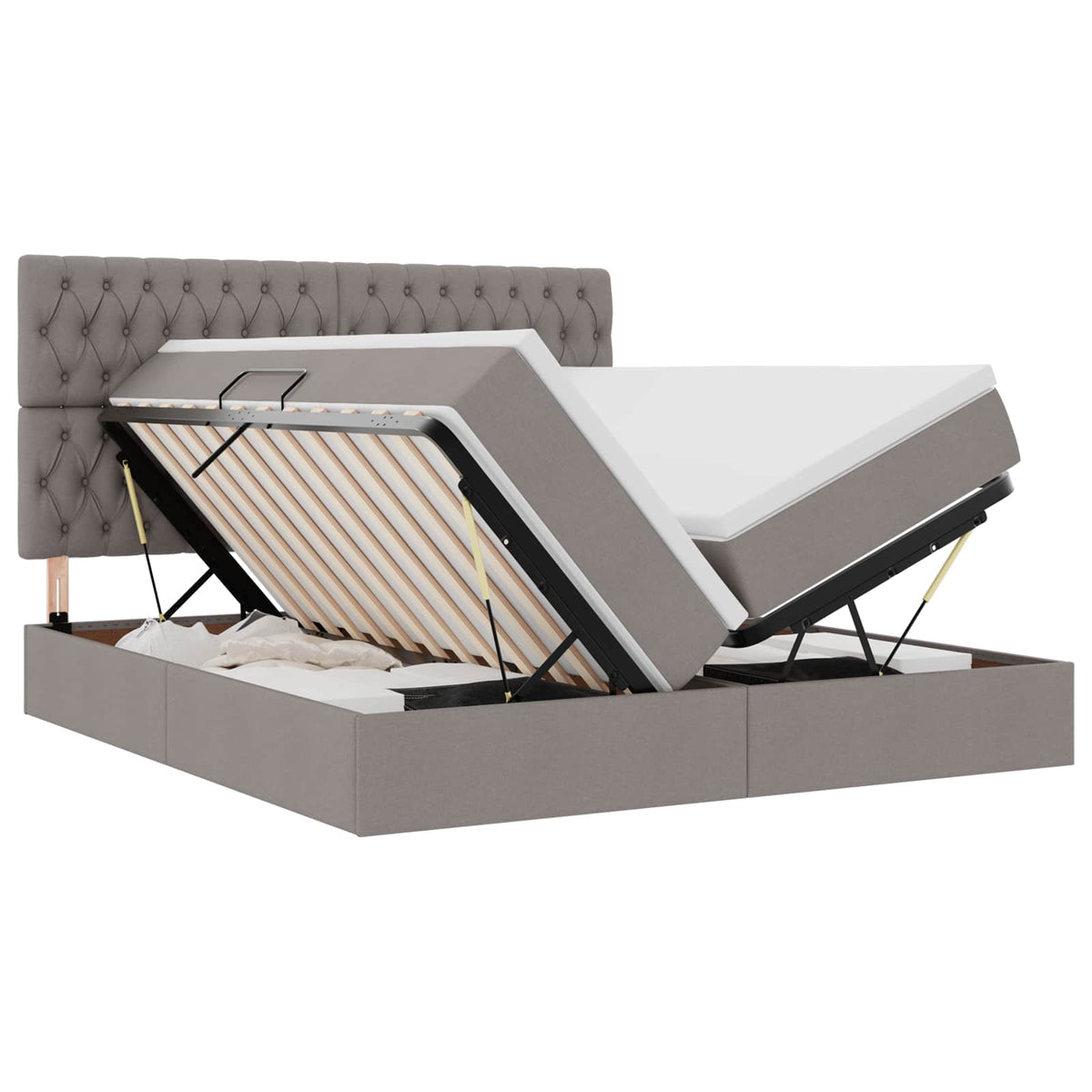 Lit coffre avec tête de lit – Taupe tissu – 200 x 200 cm