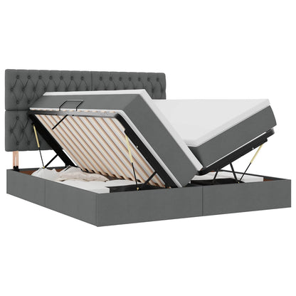 Lit coffre LED avec matelas – Gris foncé tissu – 200 x 200 cm