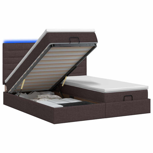 Lit coffre LED avec matelas – Marron foncé tissu – 200 x 200 cm