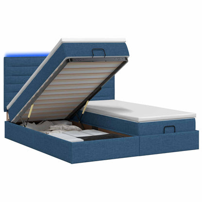 Lit coffre LED avec matelas – Bleu tissu – 200 x 200 cm