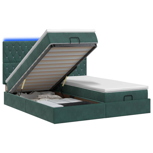 Lit coffre LED avec matelas – Vert foncé velours – 200 x 200 cm
