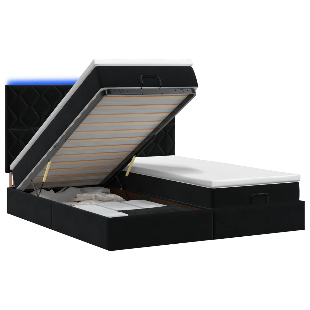 Lit coffre LED avec matelas – Noir velours – 200 x 200 cm