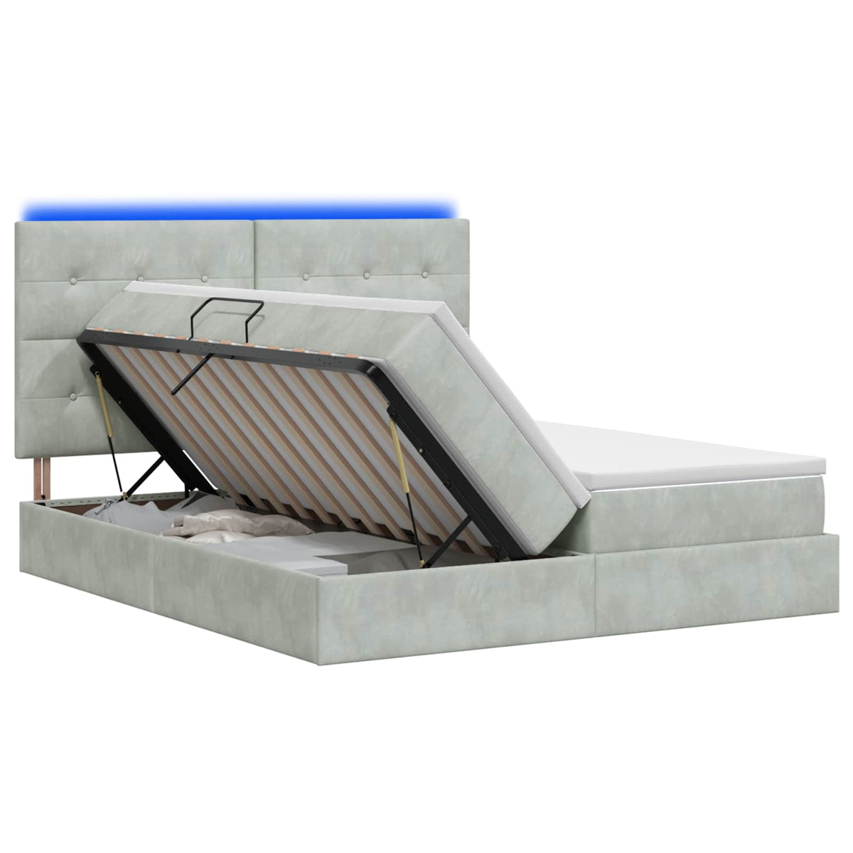 Lit coffre LED avec matelas – Gris clair – 200 x 200 cm