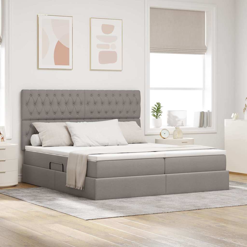 Lit coffre avec tête de lit – Taupe tissu – 200 x 200 cm