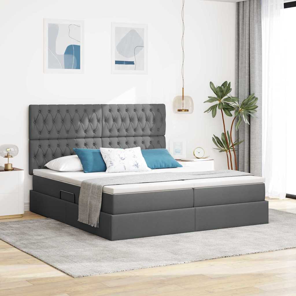 Lit coffre LED avec matelas – Gris foncé tissu – 200 x 200 cm