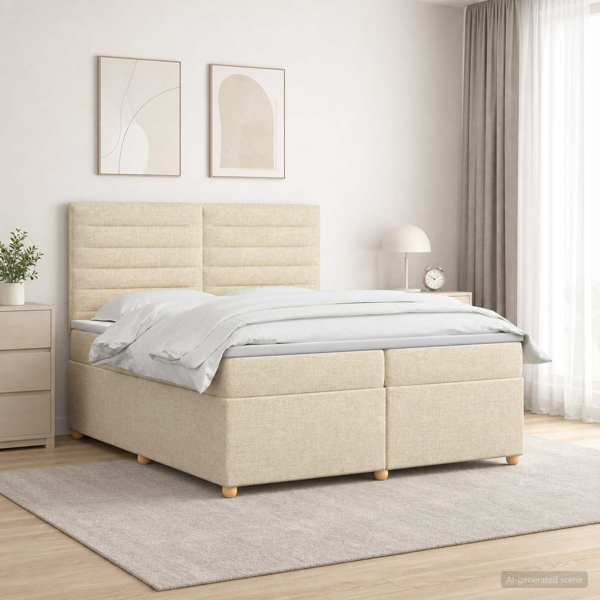 Lit boxspring avec matelas – Crème tissu – 200 x 200 cm