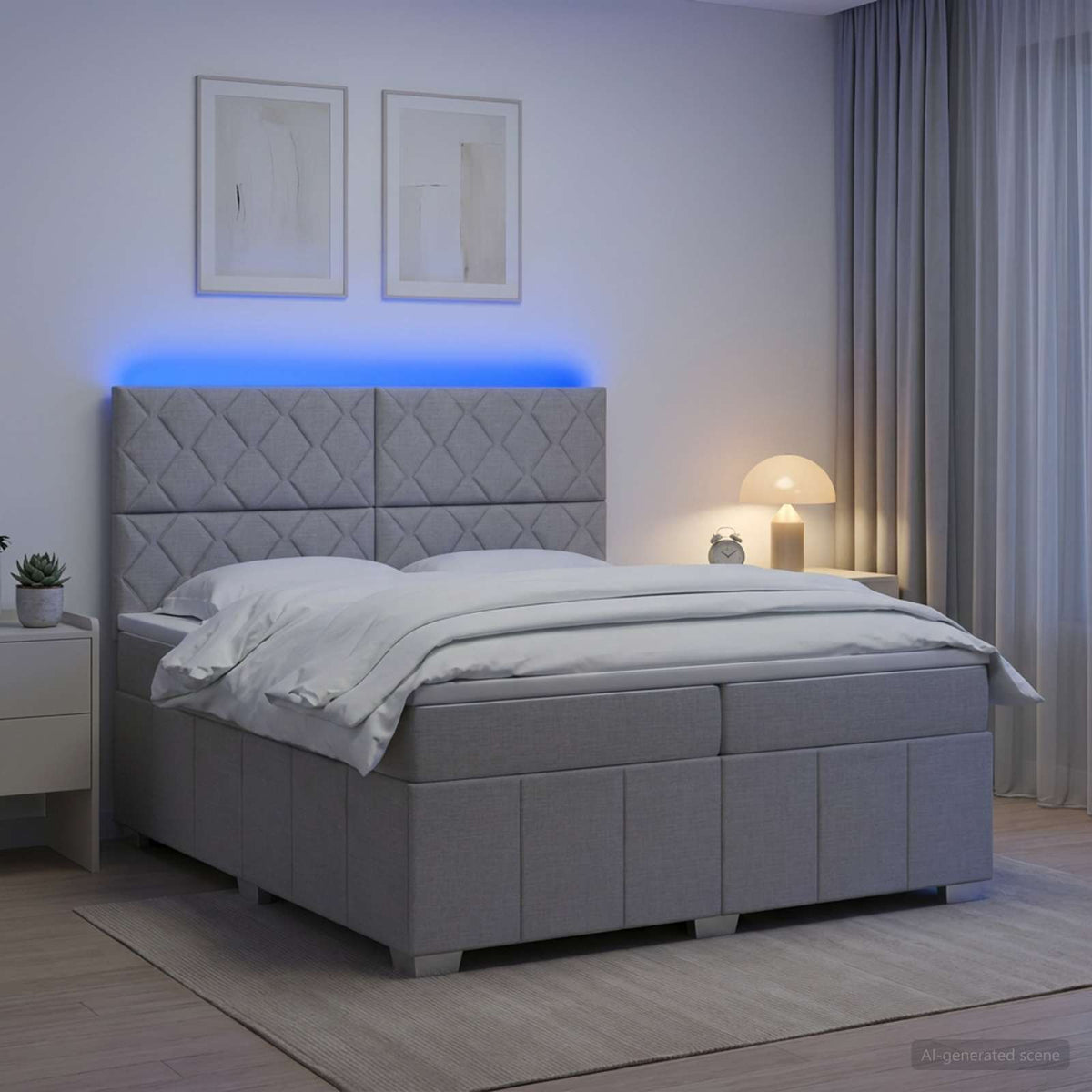 Lit boxspring LED avec matelas – Gris clair tissu – 200 x 200 cm