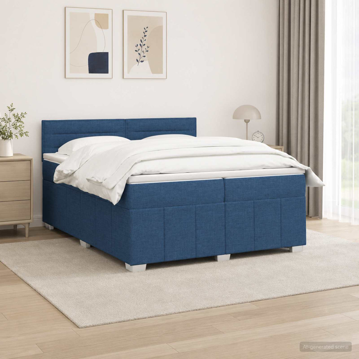 Lit boxspring LED avec matelas – Bleu tissu – 200 x 200 cm