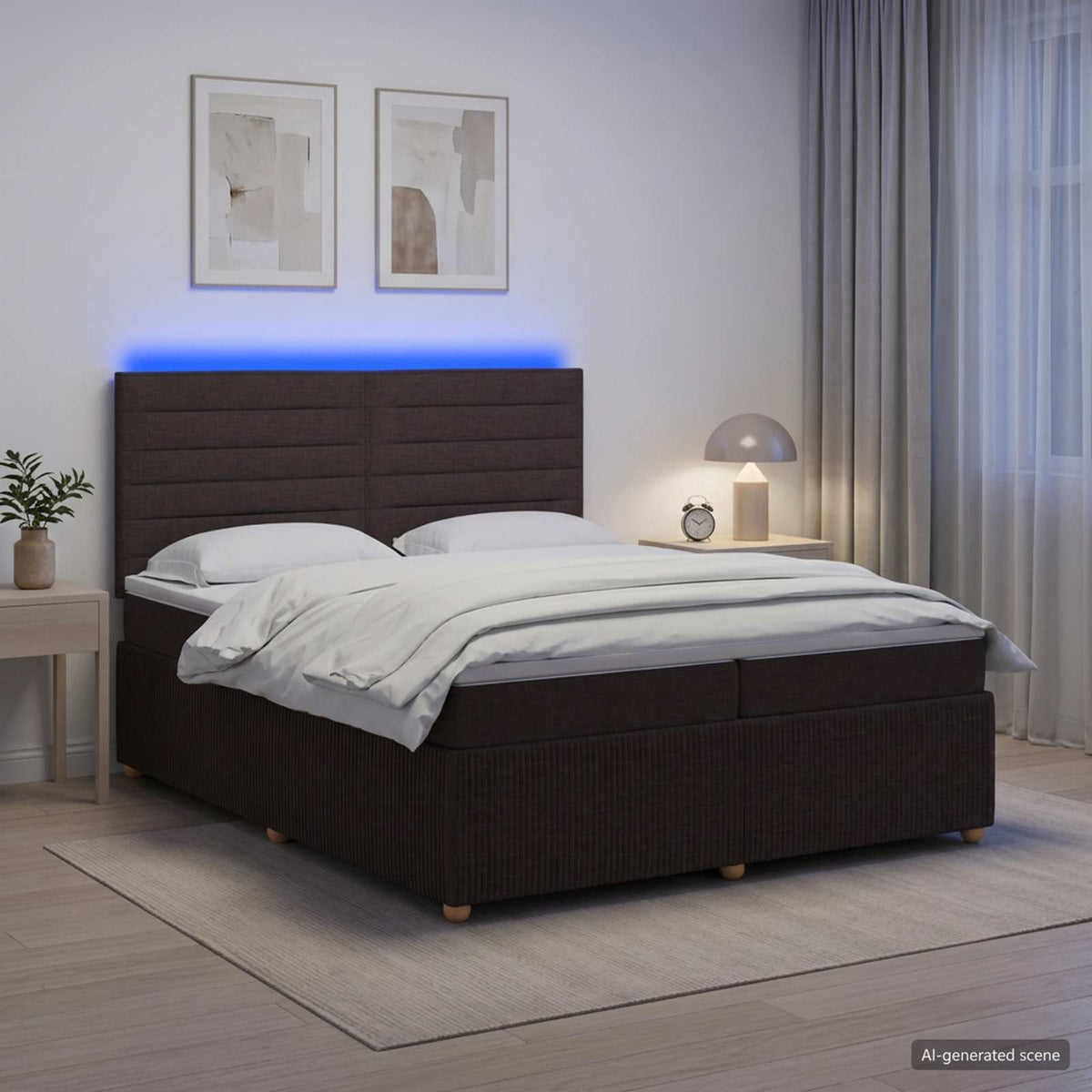 Lit boxspring LED avec matelas – Marron foncé tissu – 200 x 200 cm