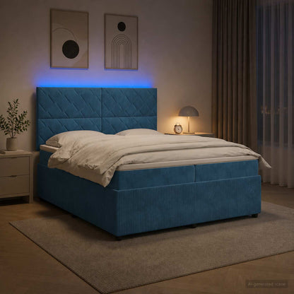 Lit boxspring LED avec matelas – Bleu velours – 200 x 200 cm