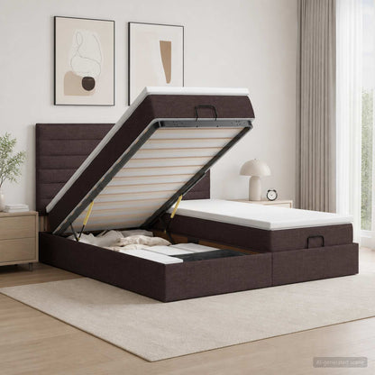 Lit coffre LED avec matelas – Marron foncé tissu – 200 x 200 cm