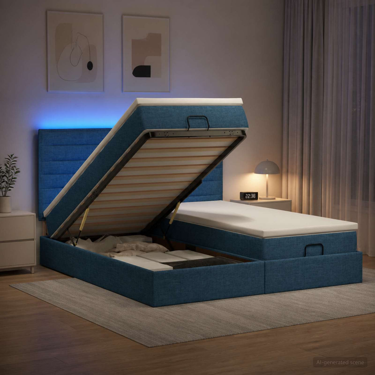 Lit coffre LED avec matelas – Bleu tissu – 200 x 200 cm