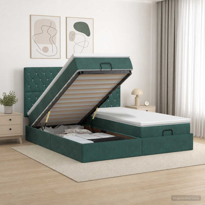 Lit coffre LED avec matelas – Vert foncé velours – 200 x 200 cm
