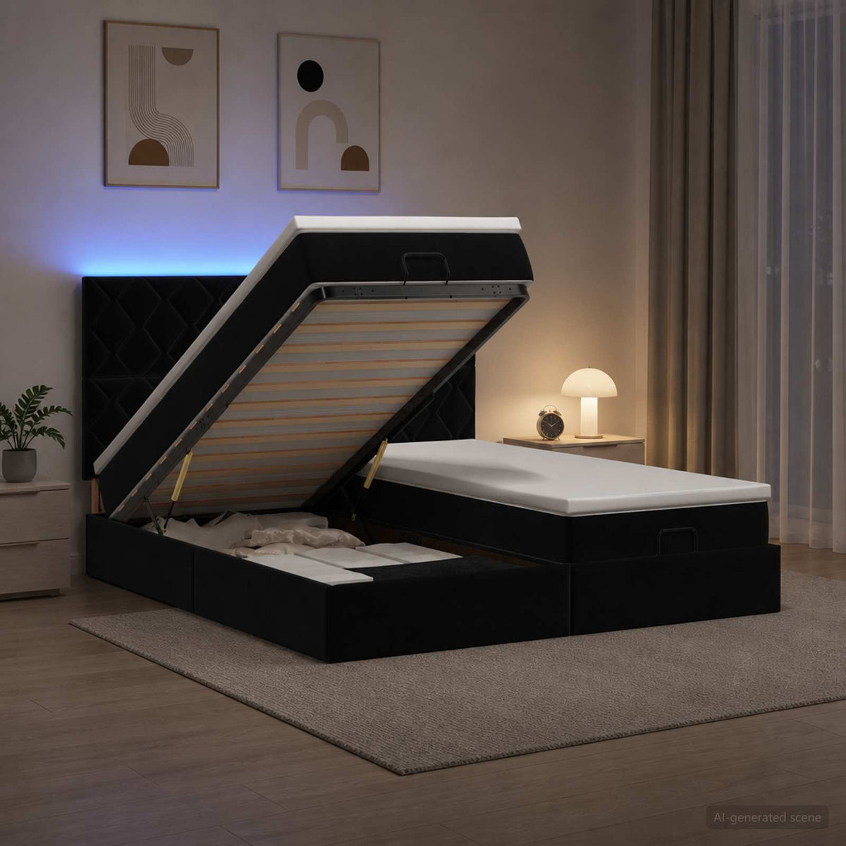 Lit coffre LED avec matelas – Noir velours – 200 x 200 cm