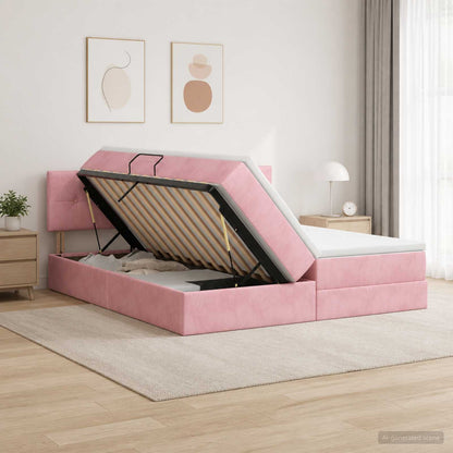 Lit coffre LED avec matelas – Rose velours – 200 x 200 cm
