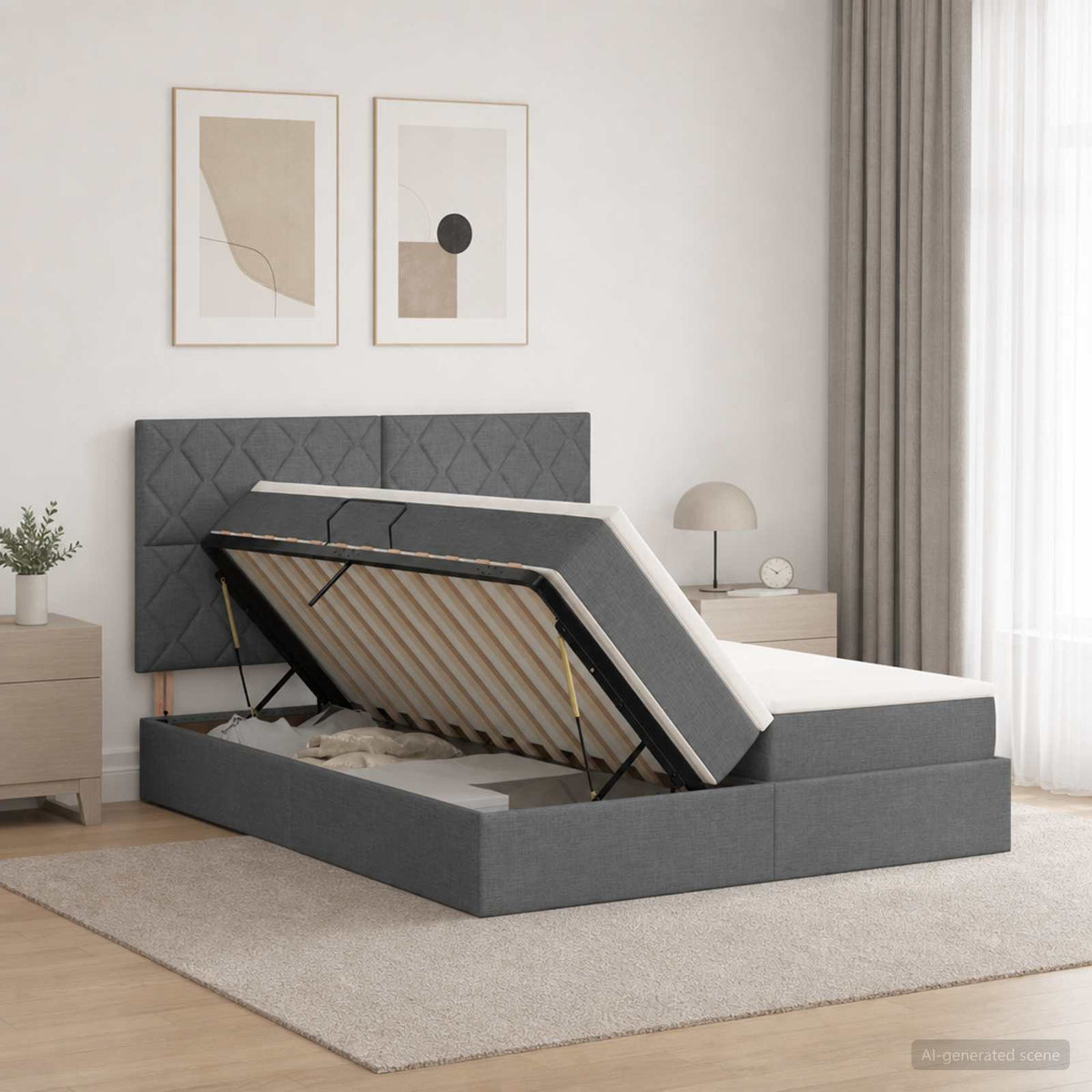 Lit coffre avec tête de lit – Gris foncé tissu – 200 x 200 cm