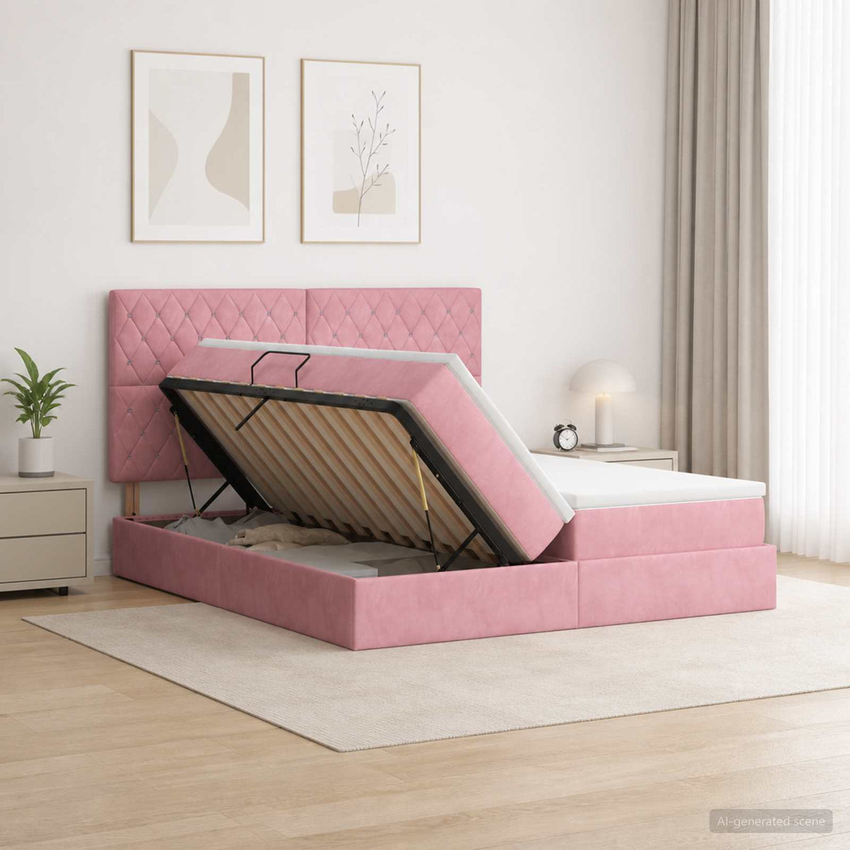 Lit coffre avec tête de lit – Rose velours – 200 x 200 cm