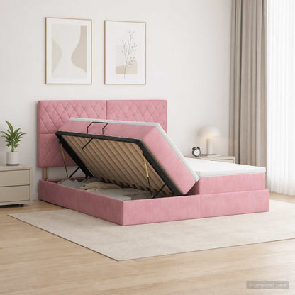 Lit coffre avec tête de lit – Rose velours – 200 x 200 cm