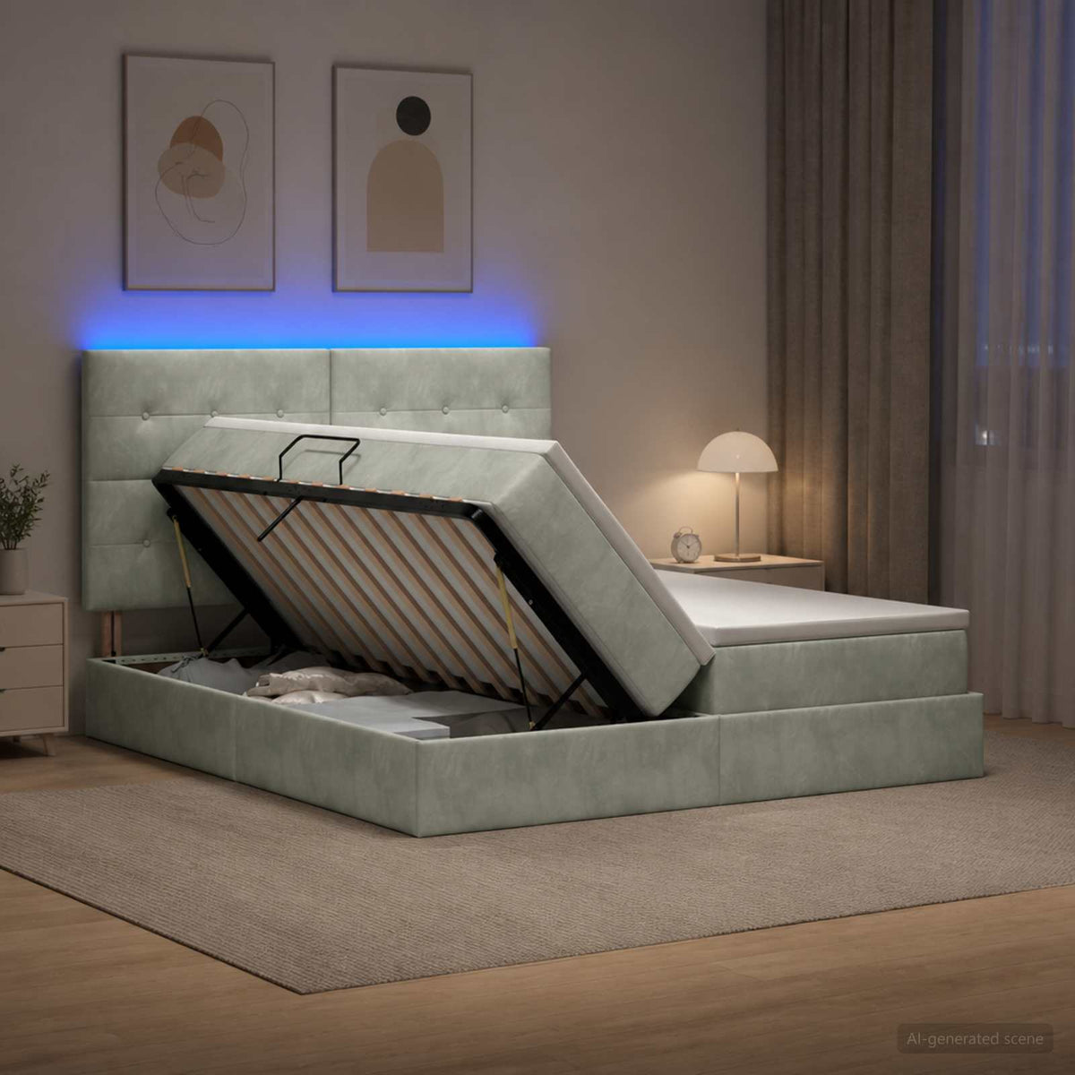 Lit coffre LED avec matelas – Gris clair – 200 x 200 cm