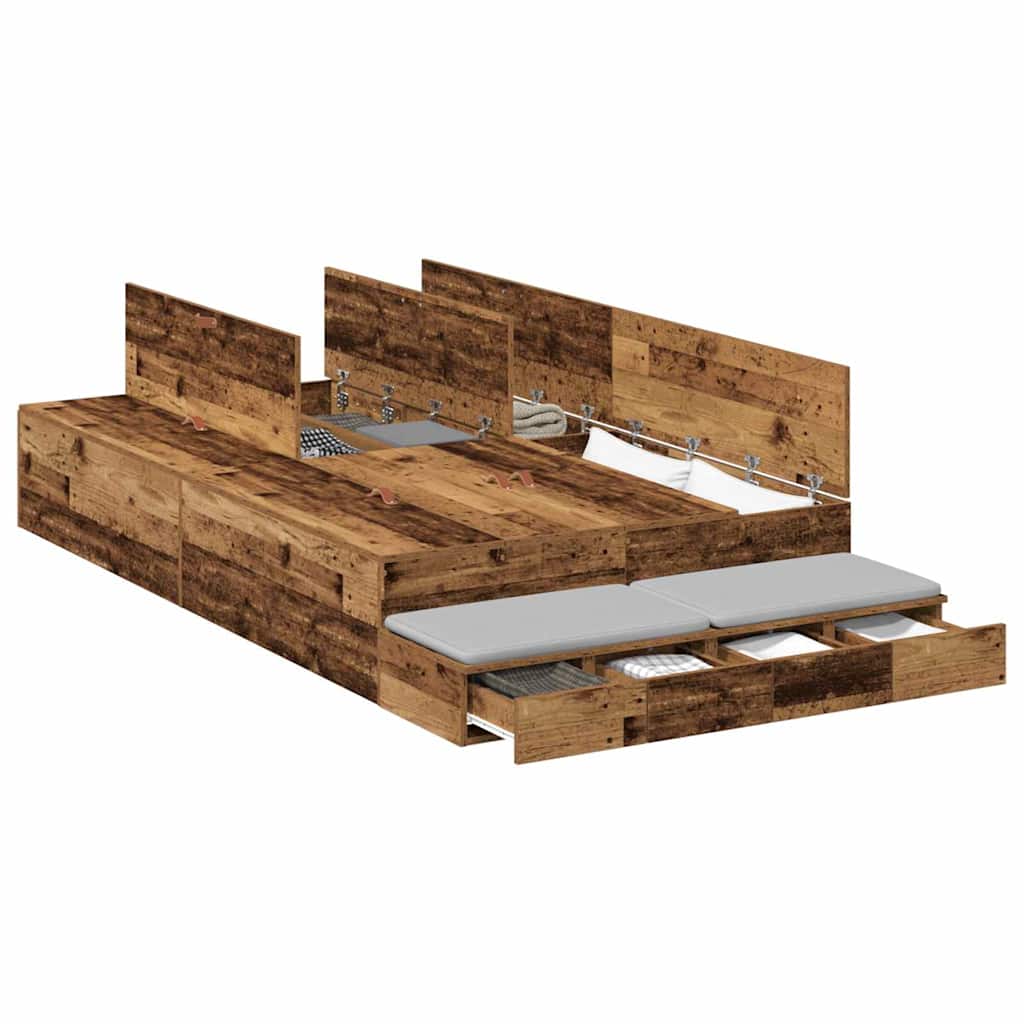 Lit coffre à tiroirs – Bois ancien – 120 cm