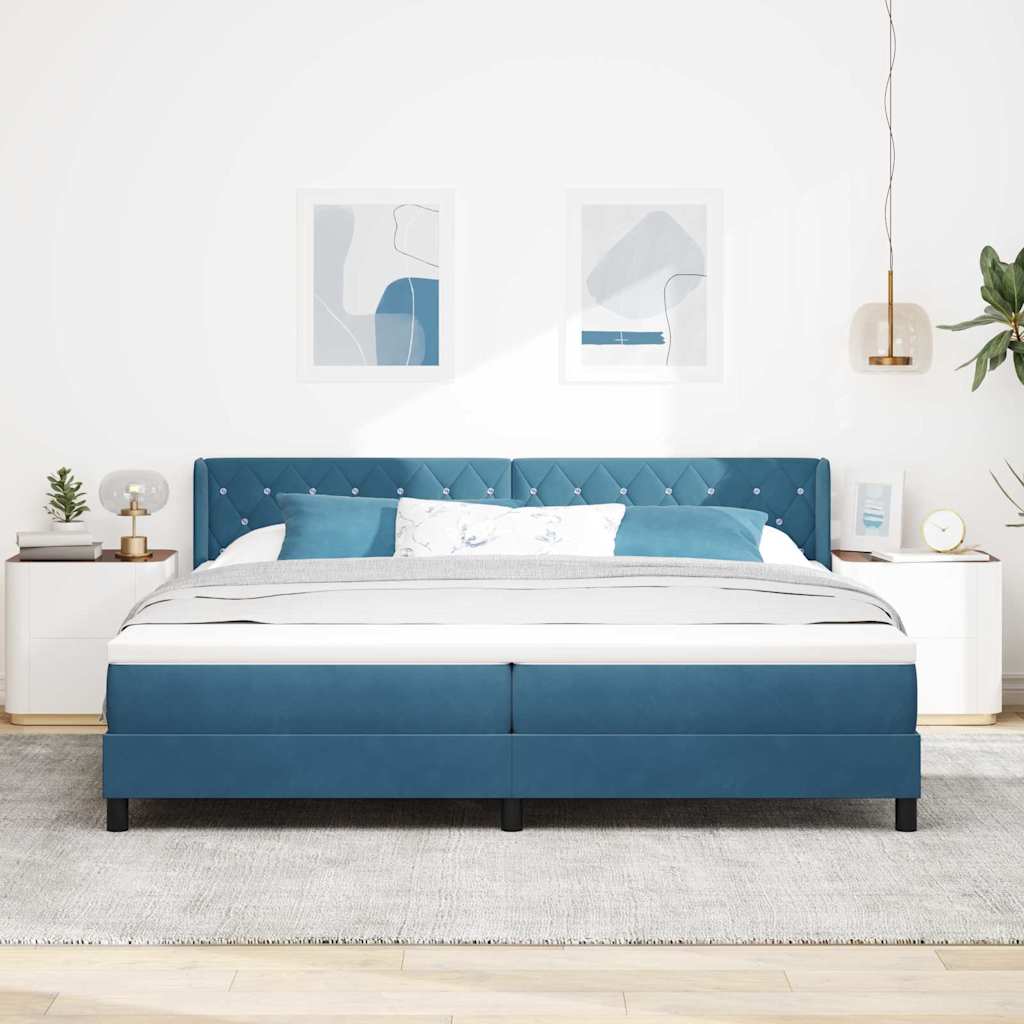 Lit à ressorts avec tête de lit – Bleu foncé velours – 200 x 200 cm
