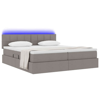 Lit coffre LED avec matelas – Taupe tissu – 200 x 200 cm