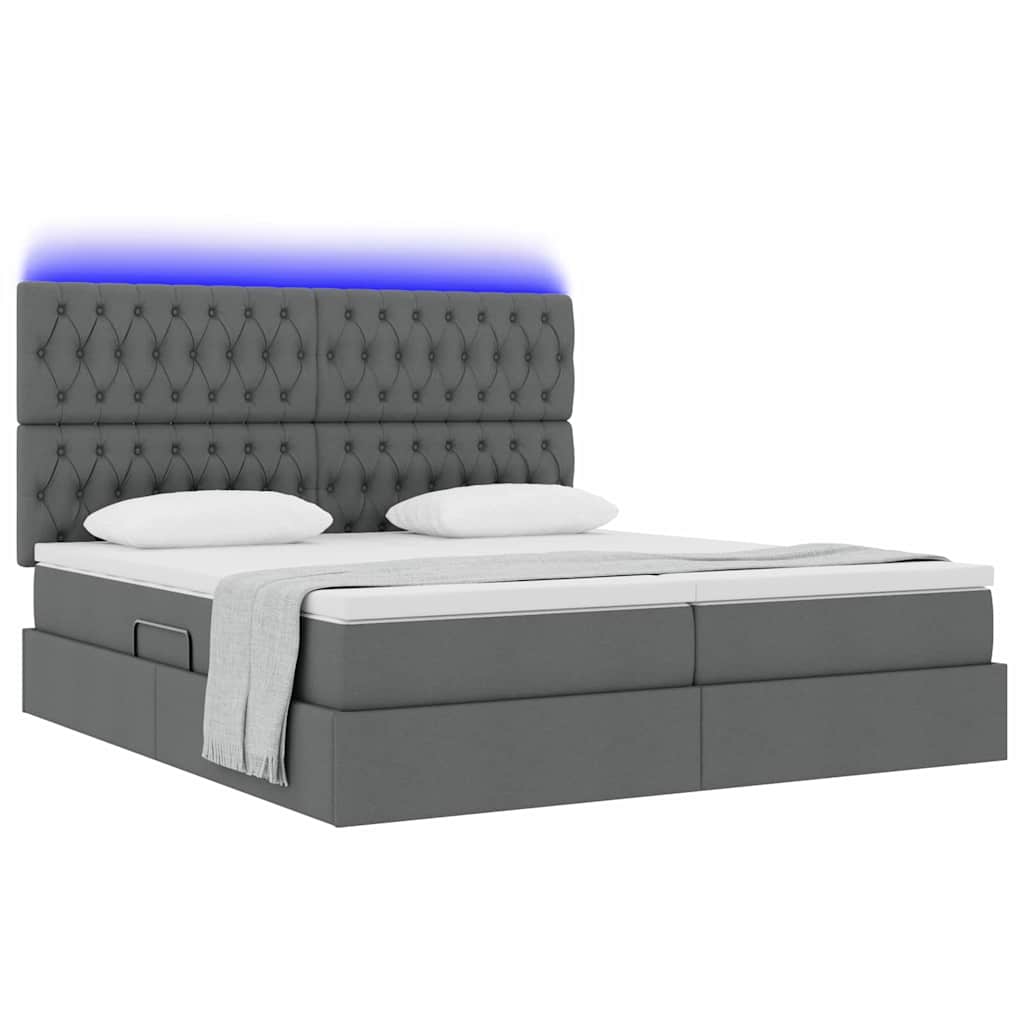 Lit coffre LED avec matelas – Gris foncé tissu – 200 x 200 cm