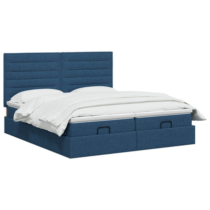 Lit coffre LED avec matelas – Bleu tissu – 200 x 200 cm