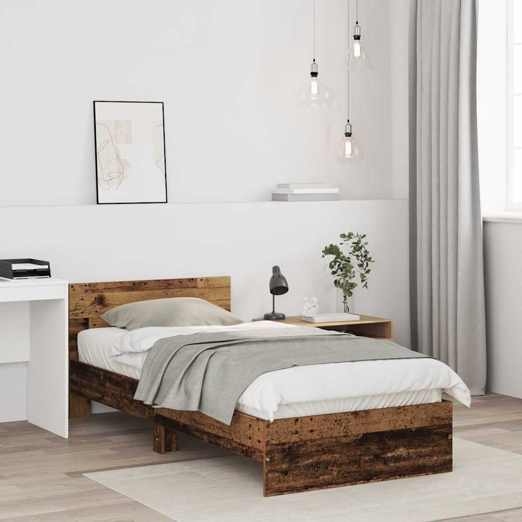 Cadre de lit avec tête de lit – Bois ancien – 90 x 200 cm