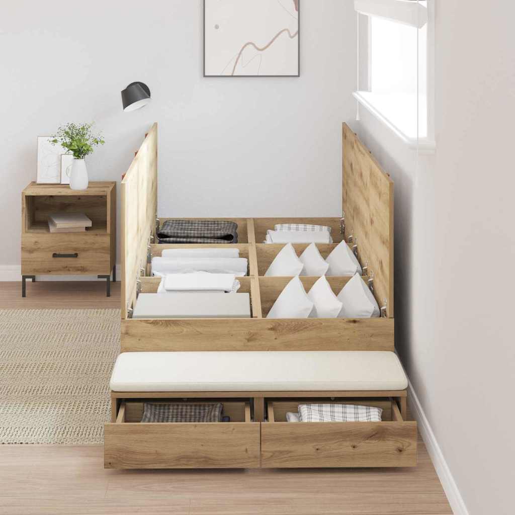 Lit coffre à tiroirs – Chêne artisanal – 100 cm