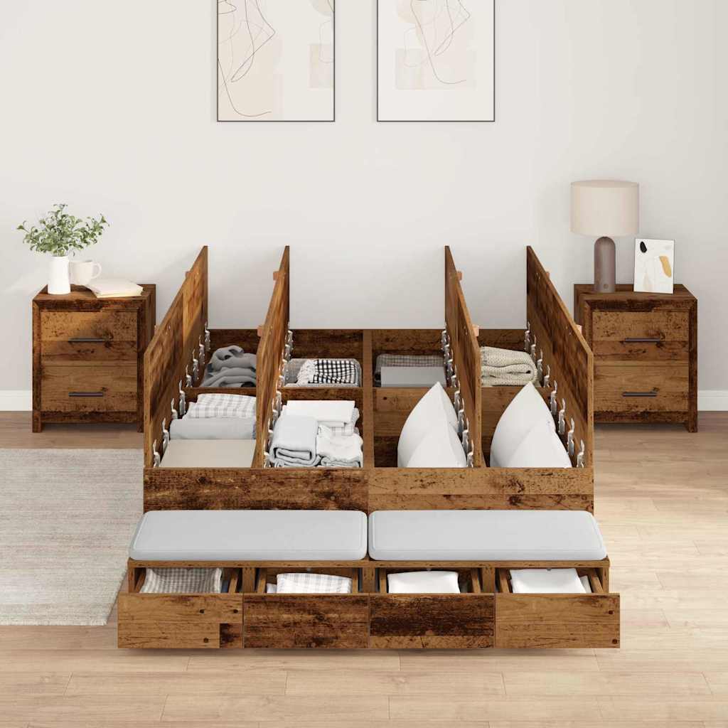 Lit coffre à tiroirs – Bois ancien – 120 cm