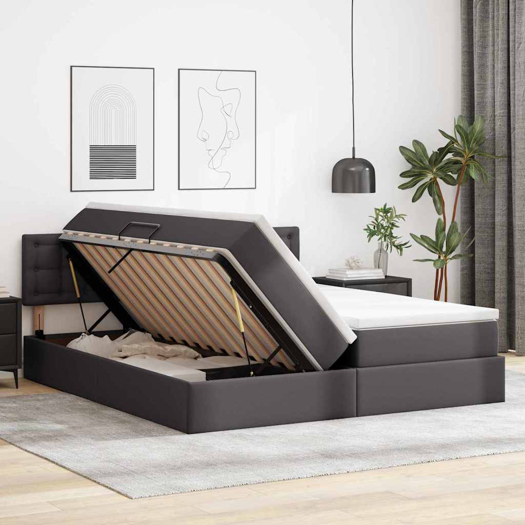 Lit coffre LED – Gris cuir synthétique – 200 x 200 cm