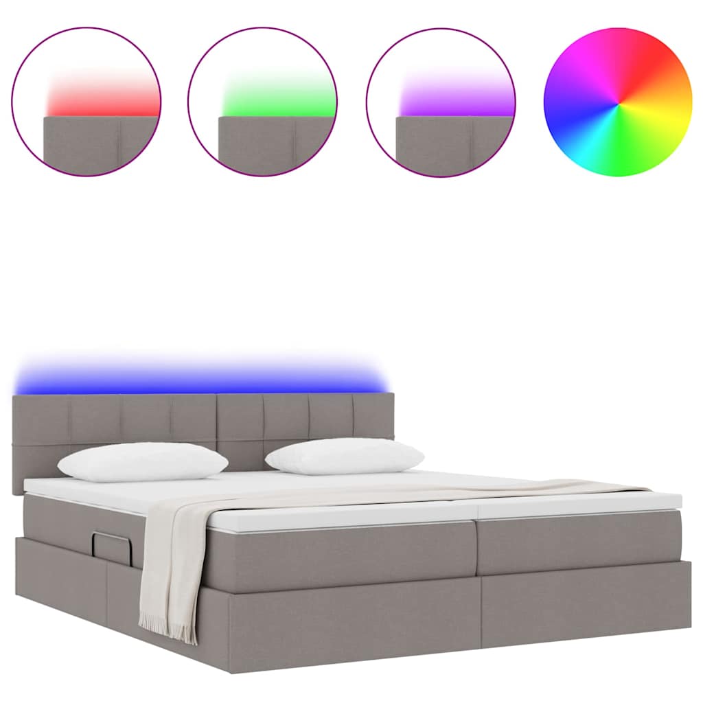 Lit coffre LED avec matelas – Taupe tissu – 200 x 200 cm