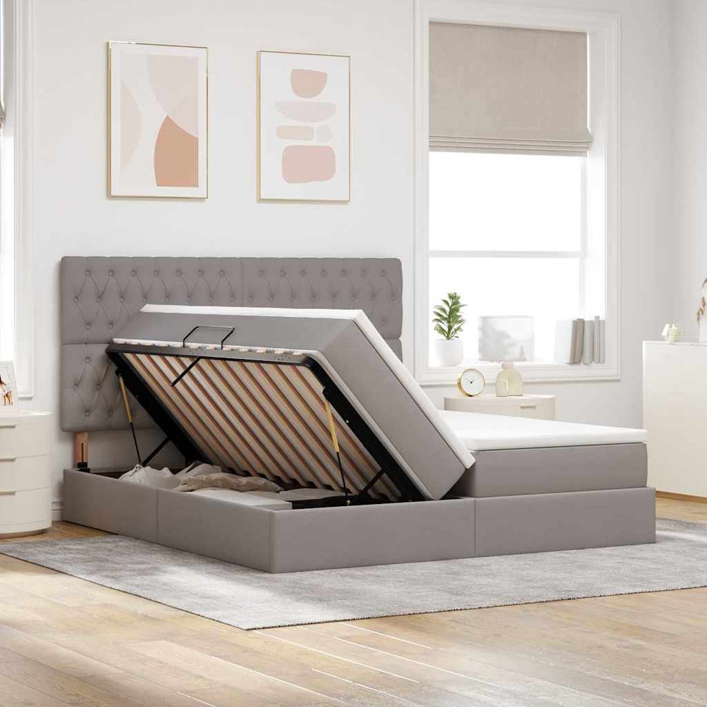 Lit coffre avec tête de lit – Taupe tissu – 200 x 200 cm
